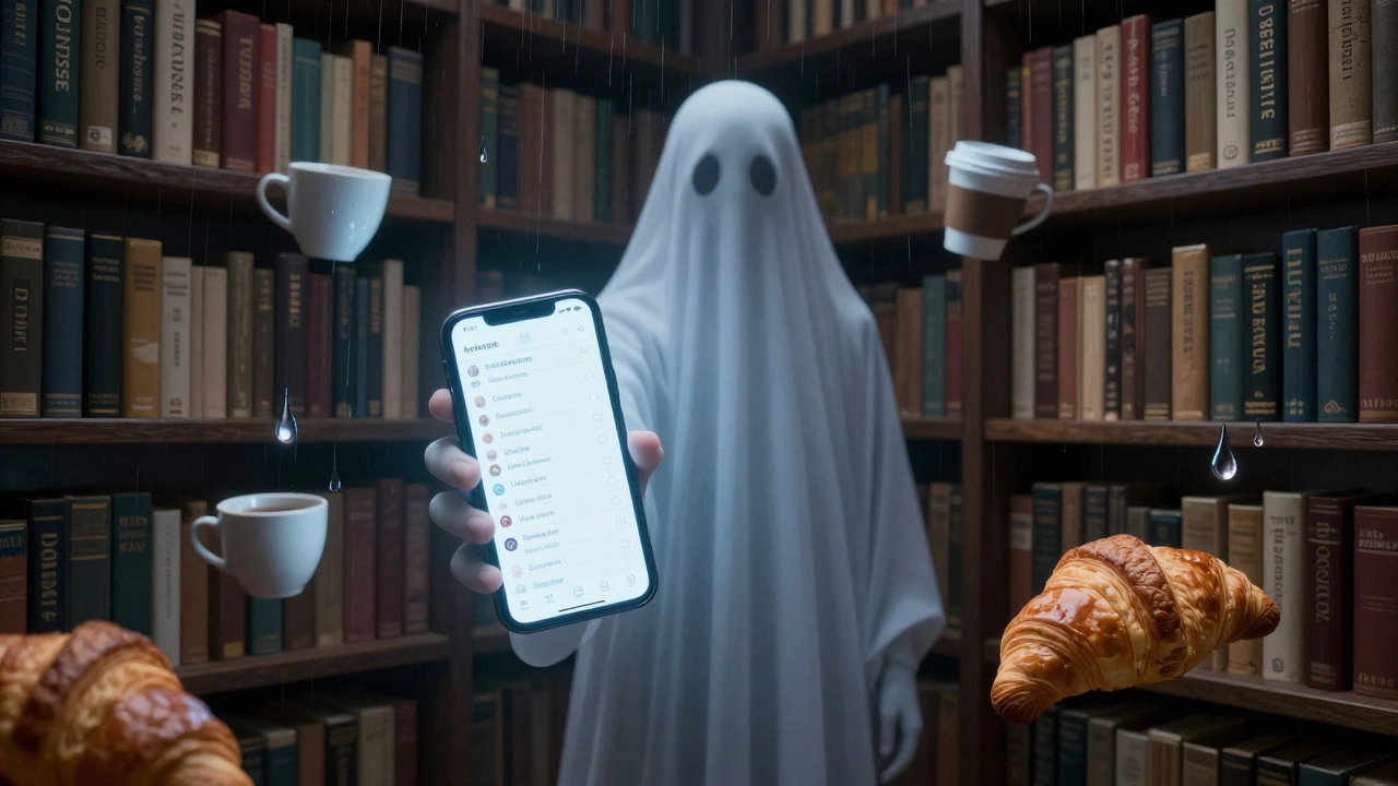 A ghostly figure faces a floating bookshelf of cities, with a phone showing escort services and coffee cups drifting nearby.