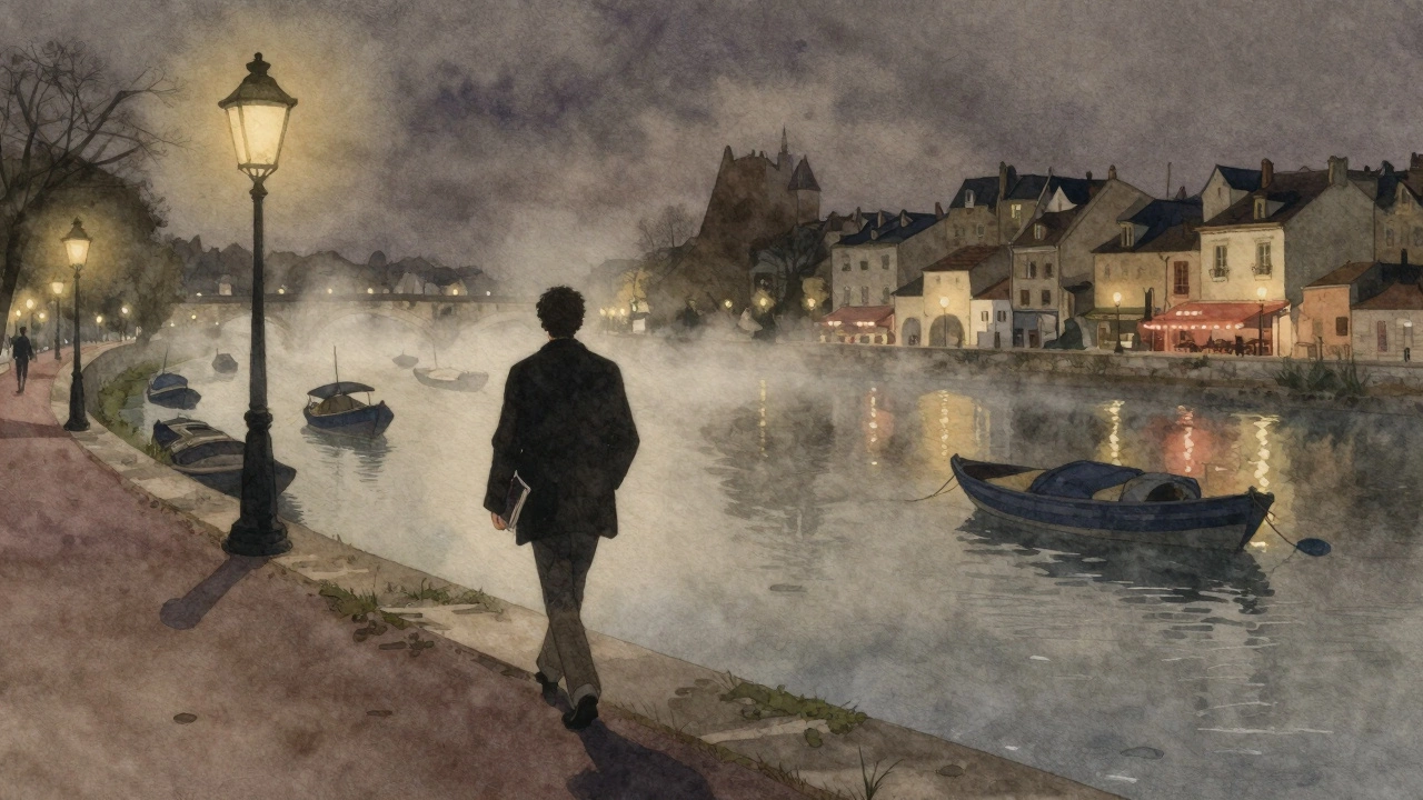 A man walks alone along the Garonne River at night, holding a book, mist rising as boats drift silently past.