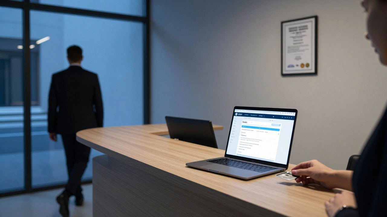 A professional escort agency office with secure booking details and a keycard on a reception desk.